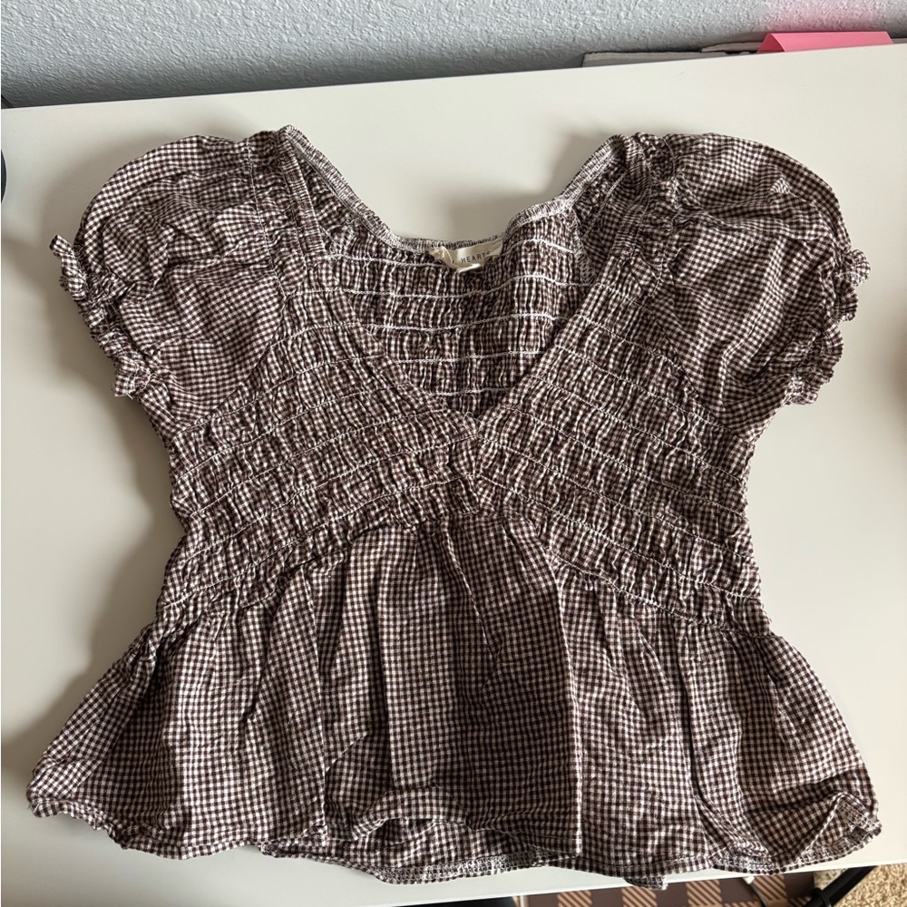La Hearts Brown Gingham Smocked Peasant Top